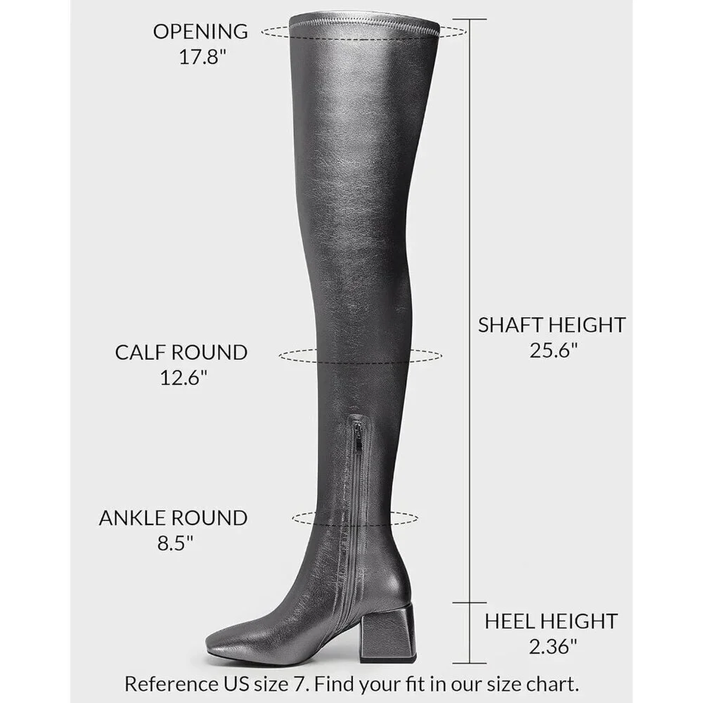 Women Grey Polyurethane Over the Knee Square Toe Block Heel Long Zipper Boots